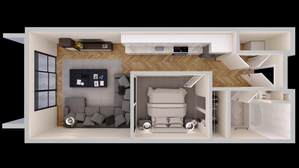 Urban Built The Standard On Bond 3D Flor Plan Unit D Scheme 2 Cam01 Draft v7
