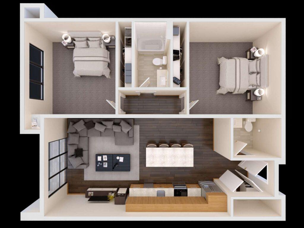 Urban Built The Standard On Bond 3D Flor Plan Unit E Scheme 1 Cam01 Draft v4