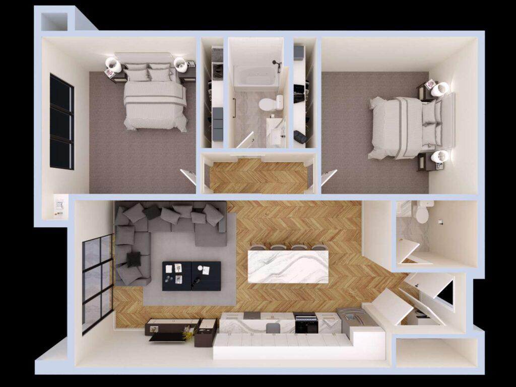 Urban Built The Standard On Bond 3D Flor Plan Unit E Scheme 2 Cam01 Draft v4