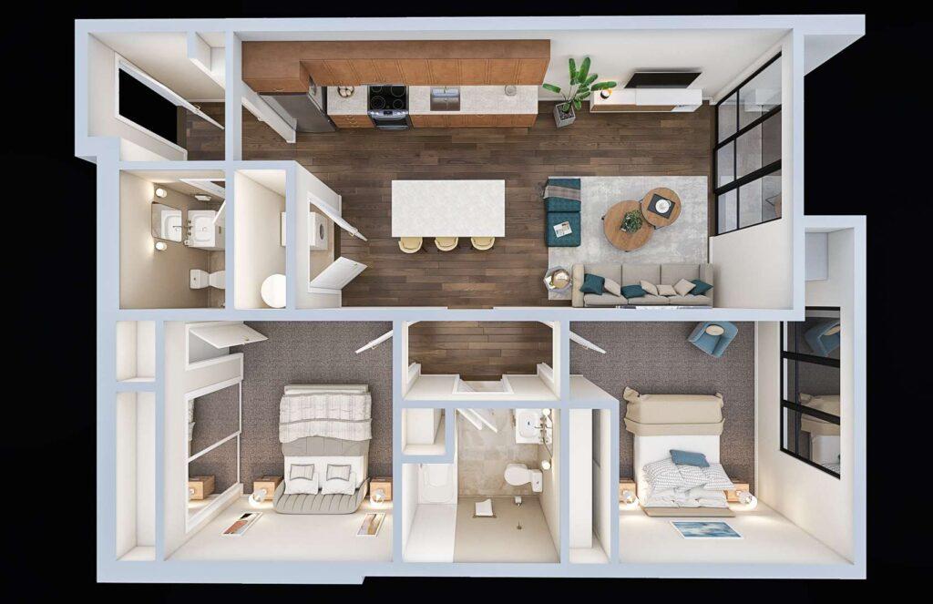 UrbanBuilt TheStandardOnBond 3DFloorPlan UnitAScheme1 Cam01 Draft v04