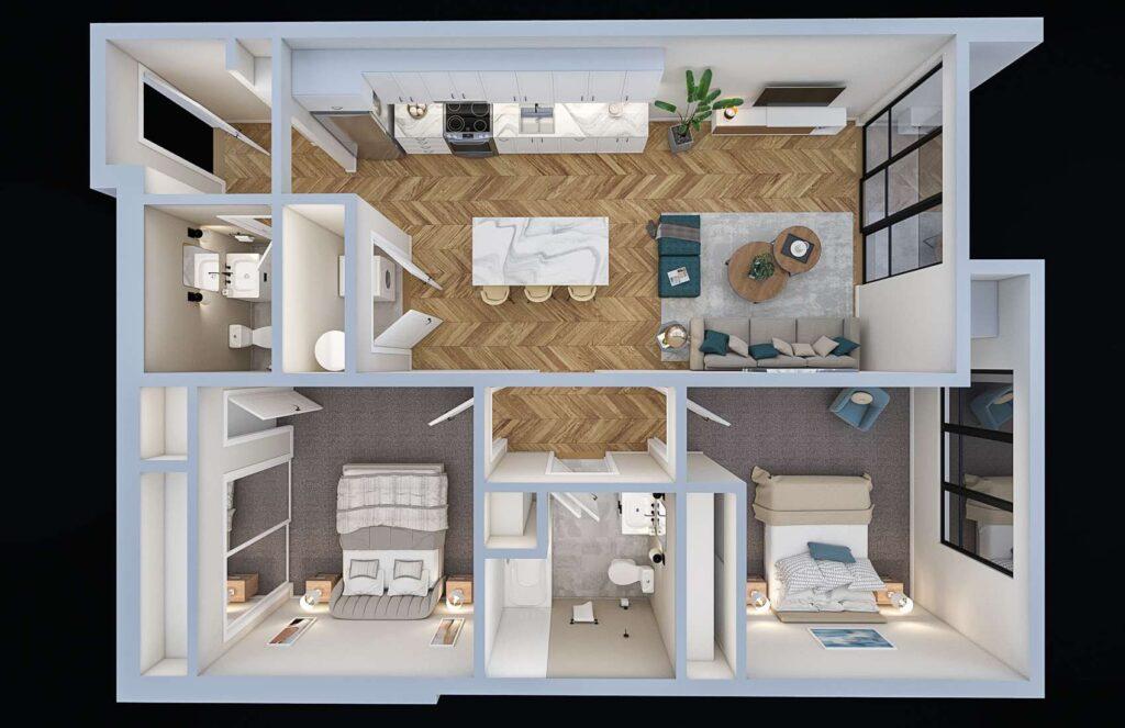 UrbanBuilt TheStandardOnBond 3DFloorPlan UnitAScheme2 Cam01 Draft v04